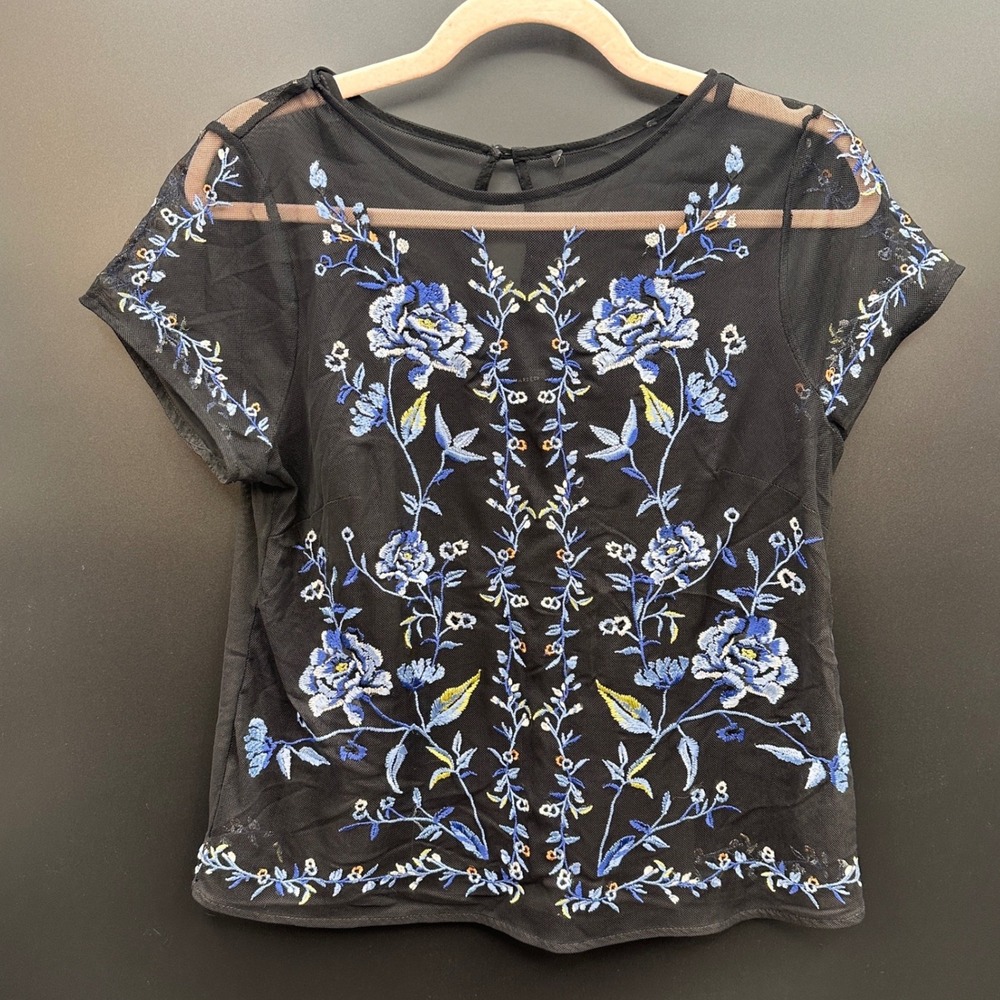 White House Black Market Embroidered Mesh Top with Camisole Black Blue Floral SP